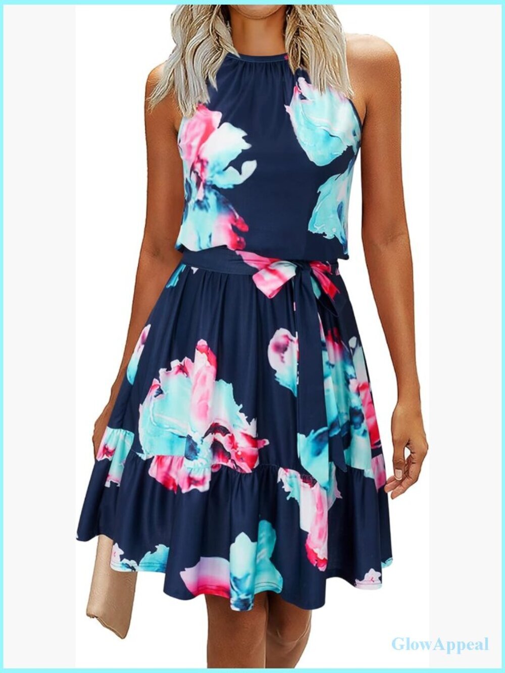 Halter Sundress with Pockets A-Line Casual Beach Vacation Belted Dress